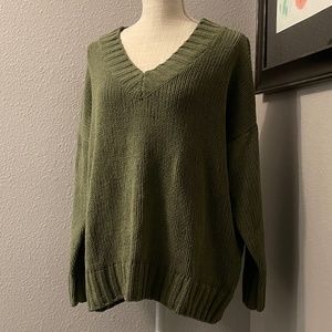 ae american eagle aerie oversized chenille v-neck olive green sweater, xs